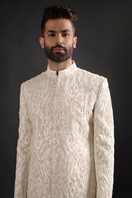 Prima Czar_White Satin Embroidered Achkan Set_Online_at_Aza_Fashions