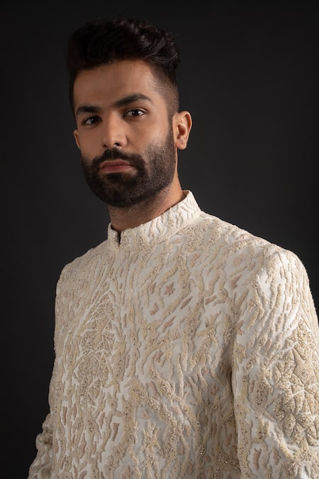 Buy_Prima Czar_White Satin Embroidered Achkan Set_Online_at_Aza_Fashions