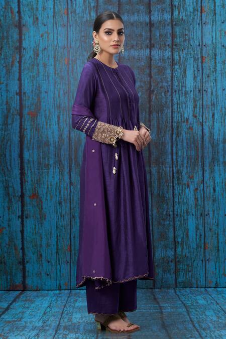 Shop Label Niti Bothra Purple Silk Floral Round Pintuck Kurta And Palazzo Set at Aza Fashions Shop_Label Niti Bothra_Purple Silk Floral Round Pintuck Kurta And Palazzo Set _at_Aza_Fashions