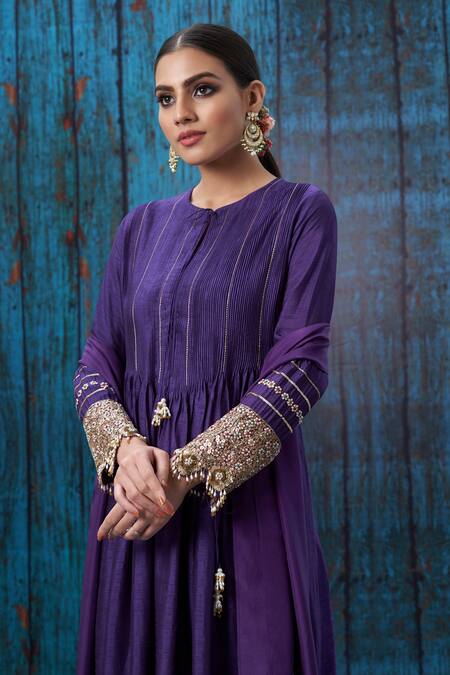 Label Niti Bothra Purple Silk Floral Round Pintuck Kurta And Palazzo Set Online at Aza Fashions Label Niti Bothra_Purple Silk Floral Round Pintuck Kurta And Palazzo Set _Online_at_Aza_Fashions