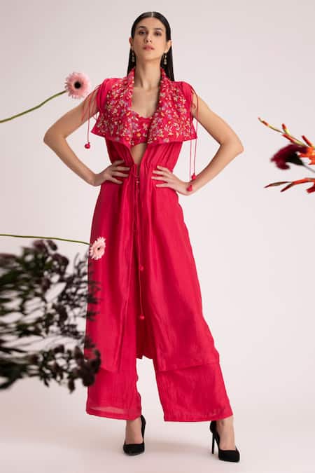 Koashee By Shubitaa Red Pure Silk Floral Jacket Flap And Pant Set