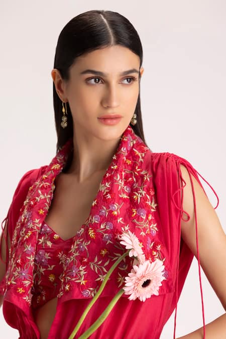 Koashee By Shubitaa_Red Pure Silk Floral Jacket Flap And Pant Set _Online_at_Aza_Fashions