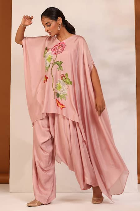 Koashee By Shubitaa Pink Bemberg Silk Printed Floral V Neck Cape Tunic And Dhoti Pant Set 