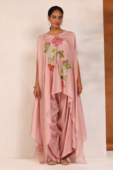 Koashee By Shubitaa_Pink Bemberg Silk, Lining Cambric Floral V Printed Cape Tunic And Dhoti Pant Set_Online_at_Aza_Fashions