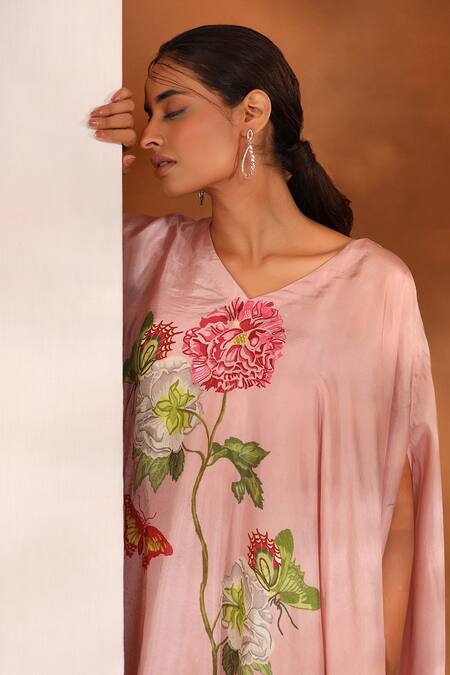 Buy_Koashee By Shubitaa_Pink Bemberg Silk, Lining Cambric Floral V Printed Cape Tunic And Dhoti Pant Set_Online_at_Aza_Fashions