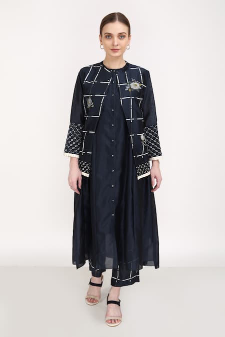 Arcvsh By Pallavi Singh_Blue 100% Organza, Lining Cotton, Chanderi Pattern Jacket And Pant Set_Online_at_Aza_Fashions