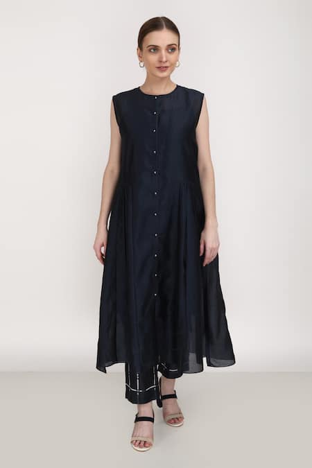 Buy_Arcvsh By Pallavi Singh_Blue 100% Organza, Lining Cotton, Chanderi Pattern Jacket And Pant Set_Online_at_Aza_Fashions