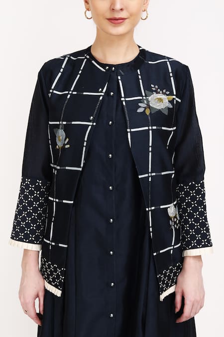 Shop_Arcvsh By Pallavi Singh_Blue 100% Organza, Lining Cotton, Chanderi Pattern Jacket And Pant Set_Online_at_Aza_Fashions