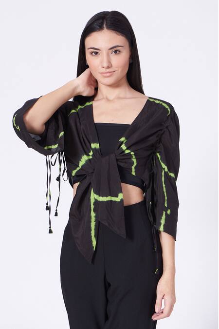 The Pot Plant Clothing Black Cotton Silk Front Knot Top