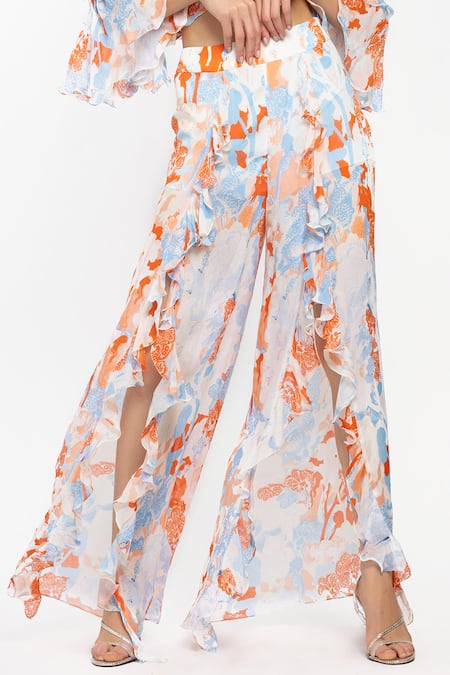 Mandira Wirk Resort White Chiffon Tropical Motifs Halter Neck Top And Slit Pant Set at Aza Fashions Mandira Wirk Resort_White Chiffon Tropical Motifs Halter Neck Top And Slit Pant Set _at_Aza_Fashions