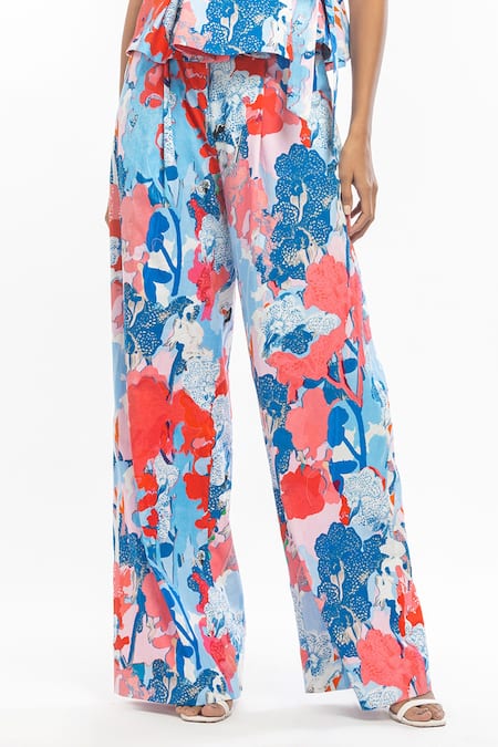 Shop_Mandira Wirk_Pink Cotton Tropical Motifs V Neck Printed Wrap Top And Pant Set_Online_at_Aza_Fashions