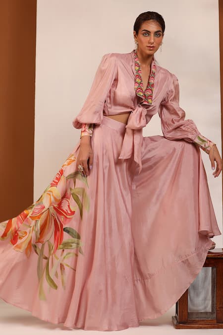 Buy_Koashee By Shubitaa_Pink Bemberg Silk, Lining Cambric Floral, Puffed Sleeve Top And Sharara Set_Online_at_Aza_Fashions