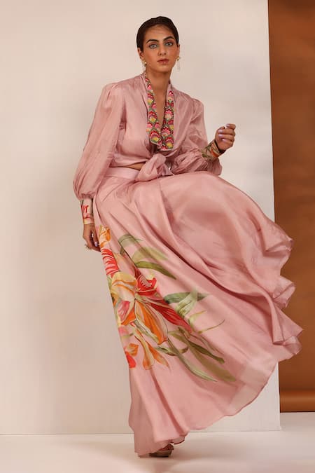 Shop_Koashee By Shubitaa_Pink Bemberg Silk, Lining Cambric Floral, Puffed Sleeve Top And Sharara Set_Online_at_Aza_Fashions