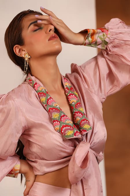 Koashee By Shubitaa_Pink Bemberg Silk, Lining Cambric Floral, Puffed Sleeve Top And Sharara Set_at_Aza_Fashions