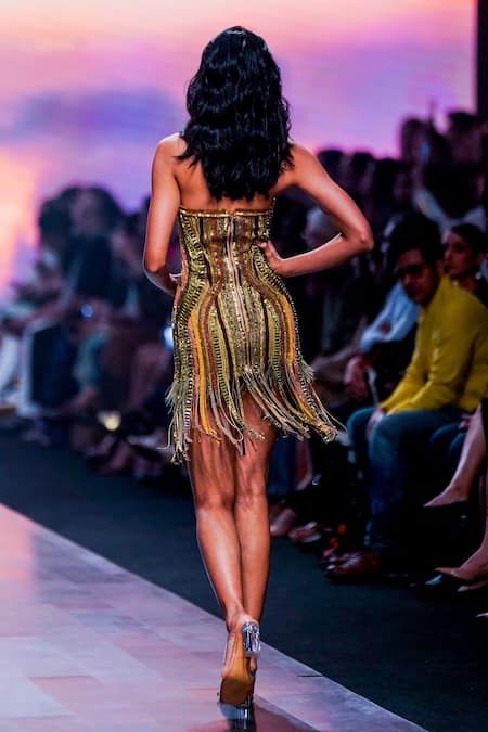 Shop_Nikita Mhaisalkar_Brown Tulle African Baroque Pattern Sweetheart Neck Embroidered Dress _at_Aza_Fashions