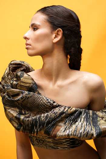Nikita Mhaisalkar_Multi Color Bamberg Satin Python Pattern One Shoulder Print Off Top_at_Aza_Fashions