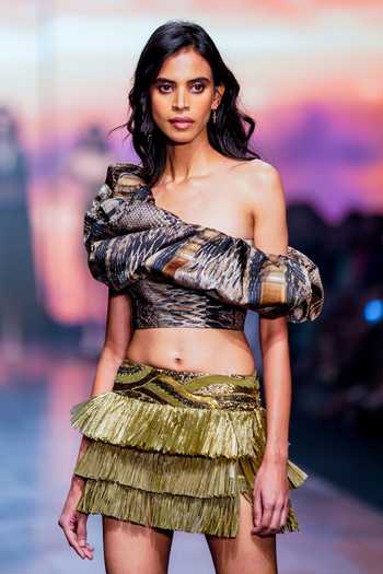 Shop_Nikita Mhaisalkar_Multi Color Bamberg Satin Python Pattern One Shoulder Print Off Top_Online_at_Aza_Fashions