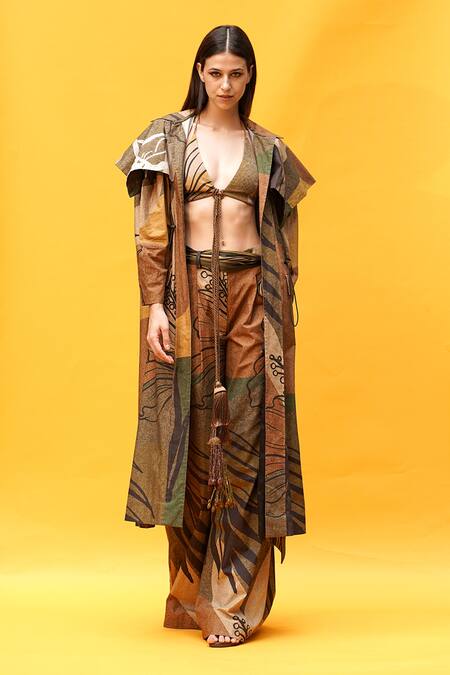 Nikita Mhaisalkar_Brown Double Georgette Tropical Pattern Plunge V Neck Bralette_Online_at_Aza_Fashions