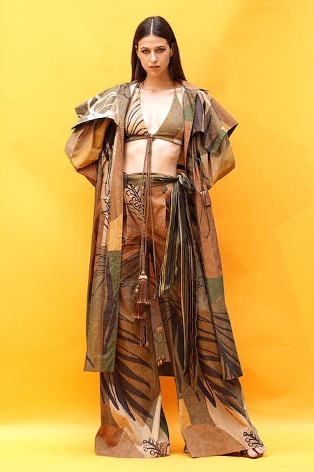 Buy_Nikita Mhaisalkar_Brown Double Georgette Tropical Pattern Plunge V Neck Bralette_Online_at_Aza_Fashions