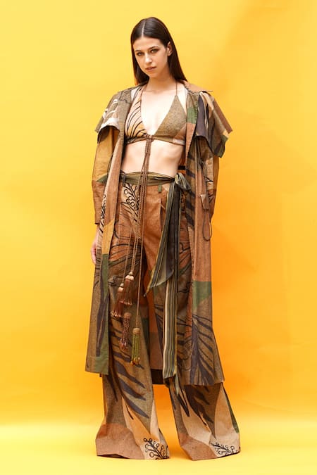 Shop_Nikita Mhaisalkar_Brown Double Georgette Tropical Pattern Plunge V Neck Bralette_Online_at_Aza_Fashions