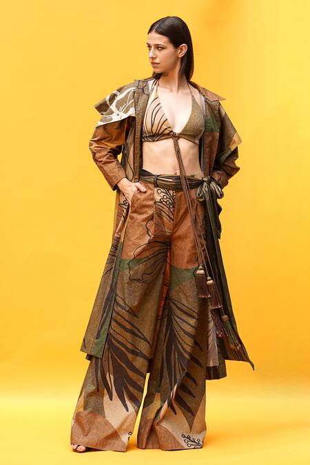 Nikita Mhaisalkar_Brown Poplin Tropical Pattern Exaggerated Collar Cape Trench_Online_at_Aza_Fashions