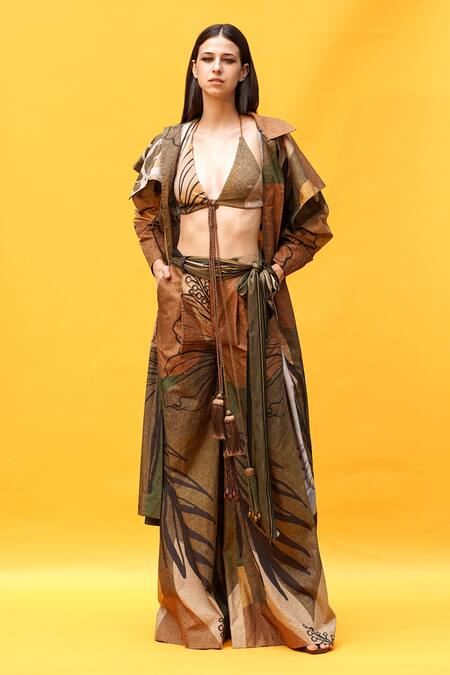 Buy_Nikita Mhaisalkar_Brown Poplin Tropical Pattern Exaggerated Collar Cape Trench_Online_at_Aza_Fashions