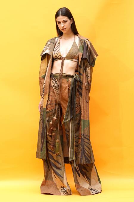 Shop_Nikita Mhaisalkar_Brown Poplin Tropical Pattern Exaggerated Collar Cape Trench_Online_at_Aza_Fashions