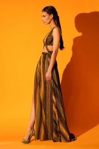 Buy_Nikita Mhaisalkar_Green Sequin Pure Georgette Stripes Plunge V Neck Print Cut-out Dress_Online_at_Aza_Fashions