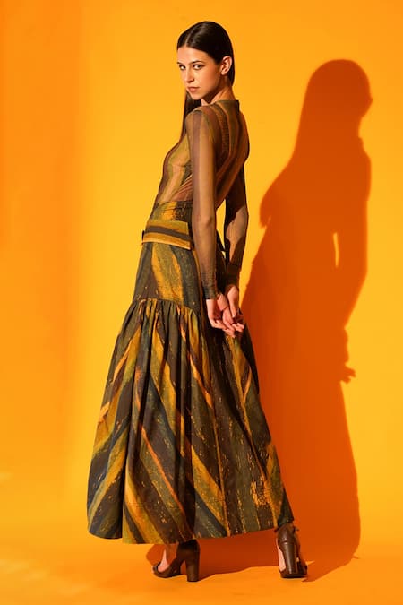 Nikita Mhaisalkar_Green Silk Poplin Stripes Print High Waist Skirt _Online_at_Aza_Fashions