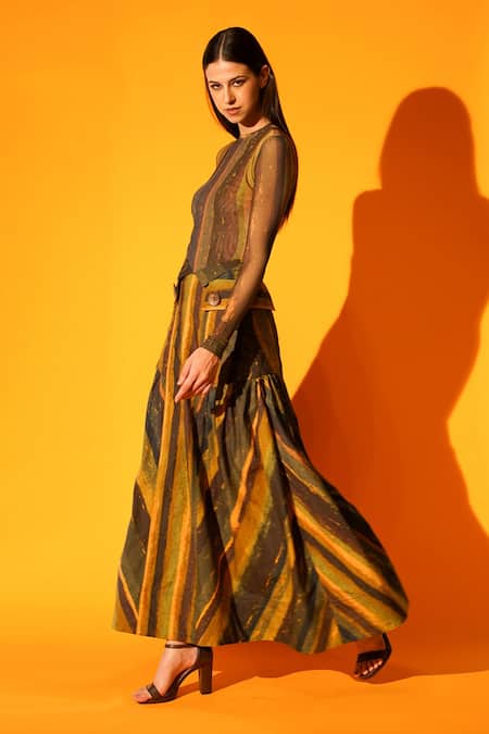 Buy_Nikita Mhaisalkar_Green Silk Poplin Stripes Print High Waist Skirt _Online_at_Aza_Fashions
