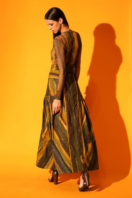 Shop_Nikita Mhaisalkar_Green Silk Poplin Stripes Print High Waist Skirt _Online_at_Aza_Fashions