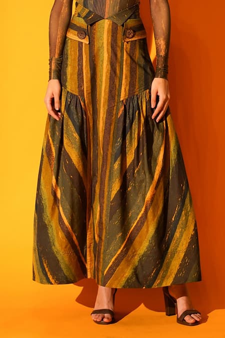 Nikita Mhaisalkar_Green Silk Poplin Stripes Print High Waist Skirt _at_Aza_Fashions