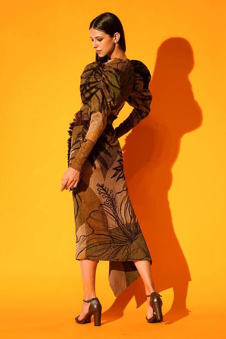 Shop_Nikita Mhaisalkar_Brown Sequin Pure Georgette Tropical Pattern High Neck Asymmetric Dress _at_Aza_Fashions