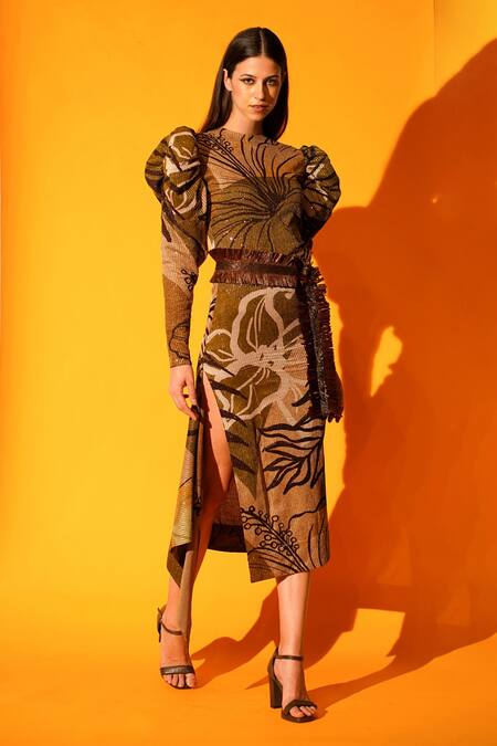 Nikita Mhaisalkar_Brown Sequin Pure Georgette Tropical Pattern High Neck Asymmetric Dress _Online_at_Aza_Fashions