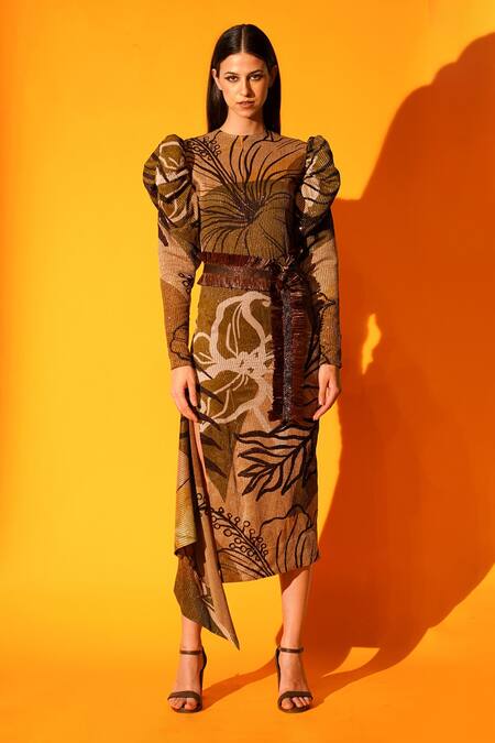 Buy_Nikita Mhaisalkar_Brown Sequin Pure Georgette Tropical Pattern High Neck Asymmetric Dress _Online_at_Aza_Fashions