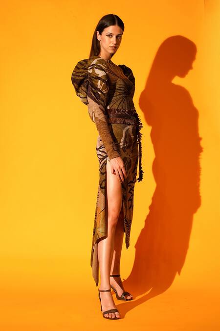 Shop_Nikita Mhaisalkar_Brown Sequin Pure Georgette Tropical Pattern High Neck Asymmetric Dress _Online_at_Aza_Fashions
