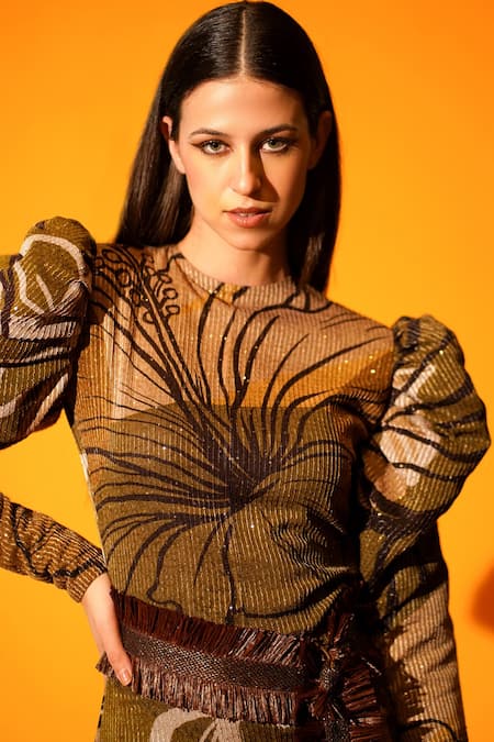Nikita Mhaisalkar_Brown Sequin Pure Georgette Tropical Pattern High Neck Asymmetric Dress _at_Aza_Fashions