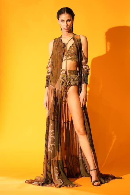 Shop_Nikita Mhaisalkar_Brown Sheeted Pure Georgette Sequin, Tropical V Neck Embroidered Bikini Set _at_Aza_Fashions