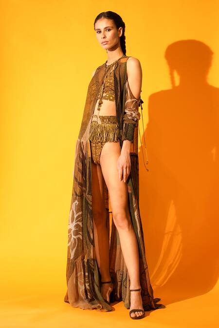 Nikita Mhaisalkar_Brown Sheeted Pure Georgette Sequin, Tropical V Neck Embroidered Bikini Set _Online_at_Aza_Fashions
