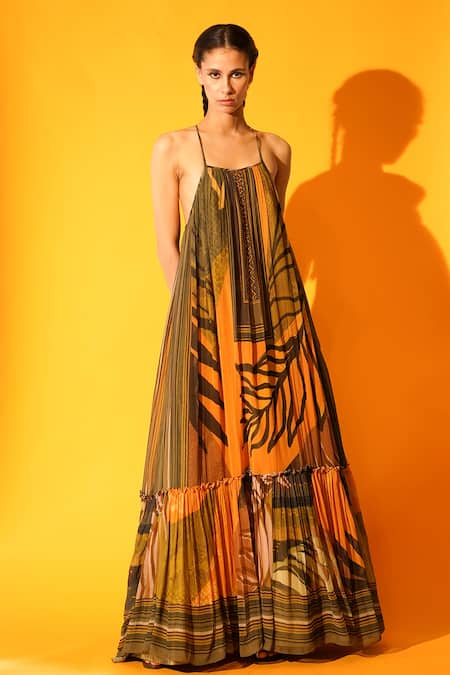 Buy Nikita Mhaisalkar Yellow Viscose Georgette Tropical Square Neck Print Gown Online at Aza Fashions Buy_Nikita Mhaisalkar_Yellow Viscose Georgette Tropical Square Neck Print Gown _Online_at_Aza_Fashions