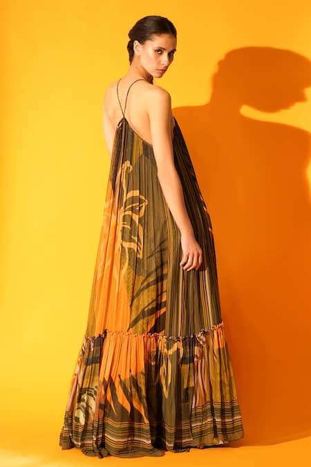 Shop Nikita Mhaisalkar Yellow Viscose Georgette Tropical Square Neck Print Gown Online at Aza Fashions Shop_Nikita Mhaisalkar_Yellow Viscose Georgette Tropical Square Neck Print Gown _Online_at_Aza_Fashions