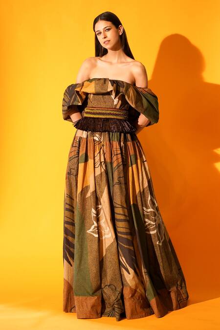 Nikita Mhaisalkar_Brown Silk Poplin Tropical Straight Off Shoulder Printed Gown_Online_at_Aza_Fashions