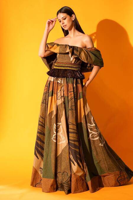 Buy_Nikita Mhaisalkar_Brown Silk Poplin Tropical Straight Off Shoulder Printed Gown_Online_at_Aza_Fashions