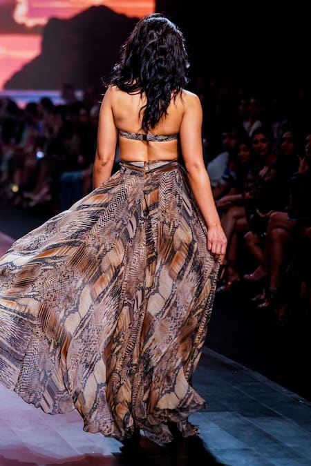 Shop Nikita Mhaisalkar Multi Color Crinkled Pure Chiffon Python Print Halter Neck Gown at Aza Fashions Shop_Nikita Mhaisalkar_Multi Color Crinkled Pure Chiffon Python Print Halter Neck Gown _at_Aza_Fashions