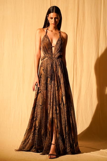 Nikita Mhaisalkar Multi Color Crinkled Pure Chiffon Python Print Halter Neck Gown Online at Aza Fashions Nikita Mhaisalkar_Multi Color Crinkled Pure Chiffon Python Print Halter Neck Gown _Online_at_Aza_Fashions