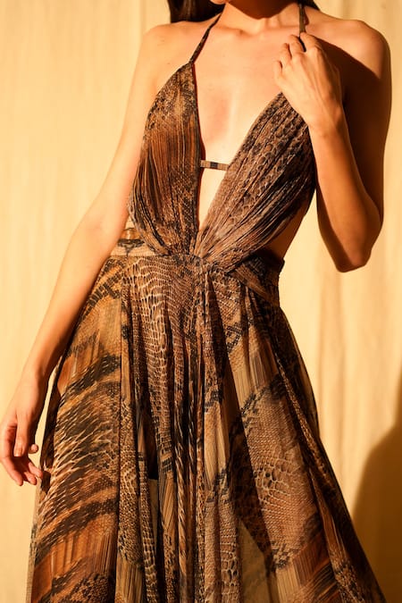 Nikita Mhaisalkar Multi Color Crinkled Pure Chiffon Python Print Halter Neck Gown at Aza Fashions Nikita Mhaisalkar_Multi Color Crinkled Pure Chiffon Python Print Halter Neck Gown _at_Aza_Fashions