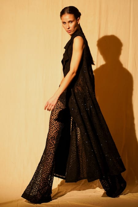 Nikita Mhaisalkar_Black Organza Applique Work And Bugle Beads Lapel Sleeveless Long Jacket_Online_at_Aza_Fashions
