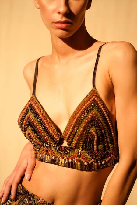 Nikita Mhaisalkar_Brown Tulle African Baroque V Neck Work Cutout Bralette_at_Aza_Fashions