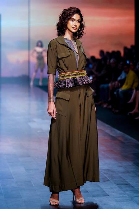 Buy_Nikita Mhaisalkar_Green Luxe Suiting Flap Collar Front Slit Shirt Dress _Online_at_Aza_Fashions