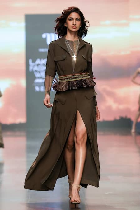 Shop_Nikita Mhaisalkar_Green Luxe Suiting Flap Collar Front Slit Shirt Dress _Online_at_Aza_Fashions